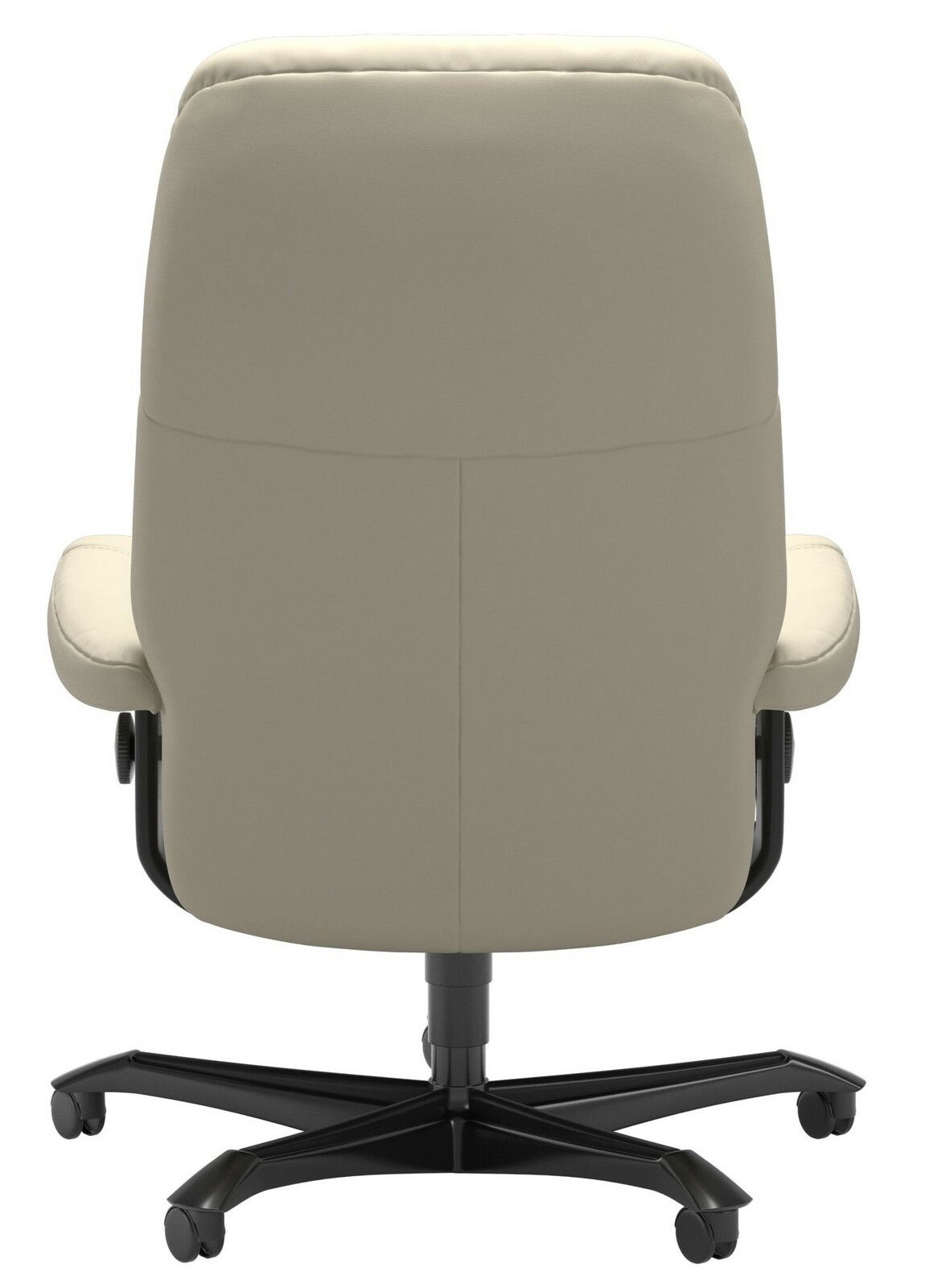 Rückansicht eines beigen Chefsessels mit schwarzem Fußkreuz und Rollen