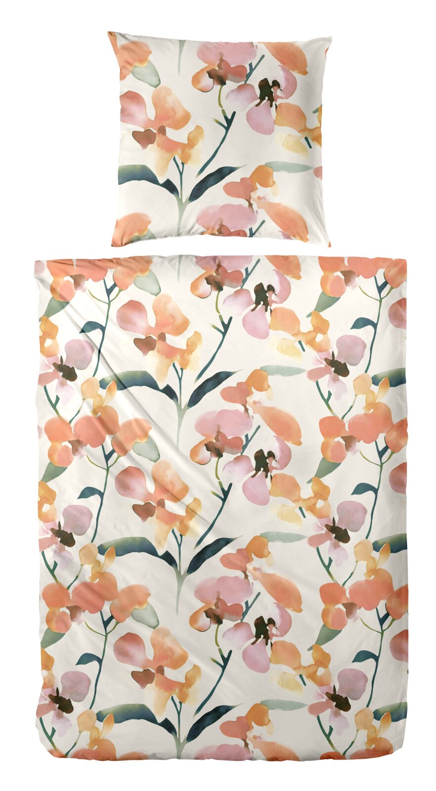 Bettwäsche-Set mit Kissen- und Deckenbezug in Weiß, bedruckt mit aquarellierten Blumen in Orange, Rosa und Grün; Draufsicht von oben (Flatlay).