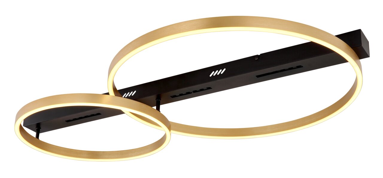 Moderne Deckenleuchte mit zwei goldenen, leuchtenden Ringen aus seitlicher Perspektive