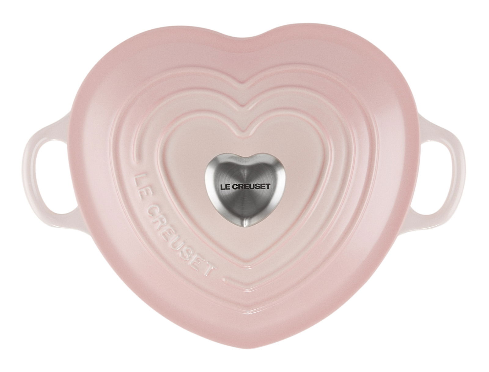 Herzförmiger Bräter in zartem Pink mit zwei Griffen und einem silbernen Knauf, von oben betrachtet.