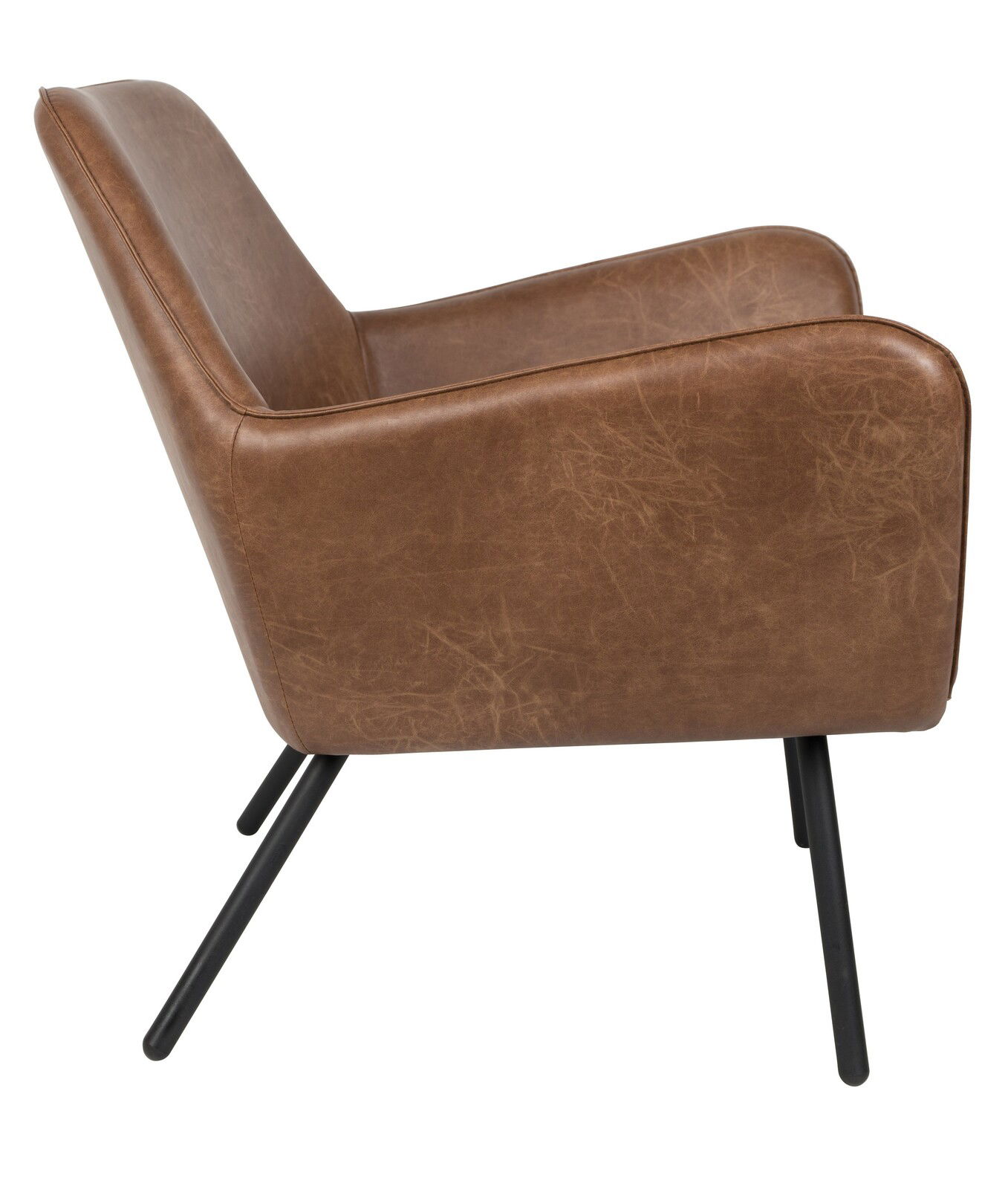 Seitenansicht eines braunen Sessels mit schwarzen Metallbeinen.