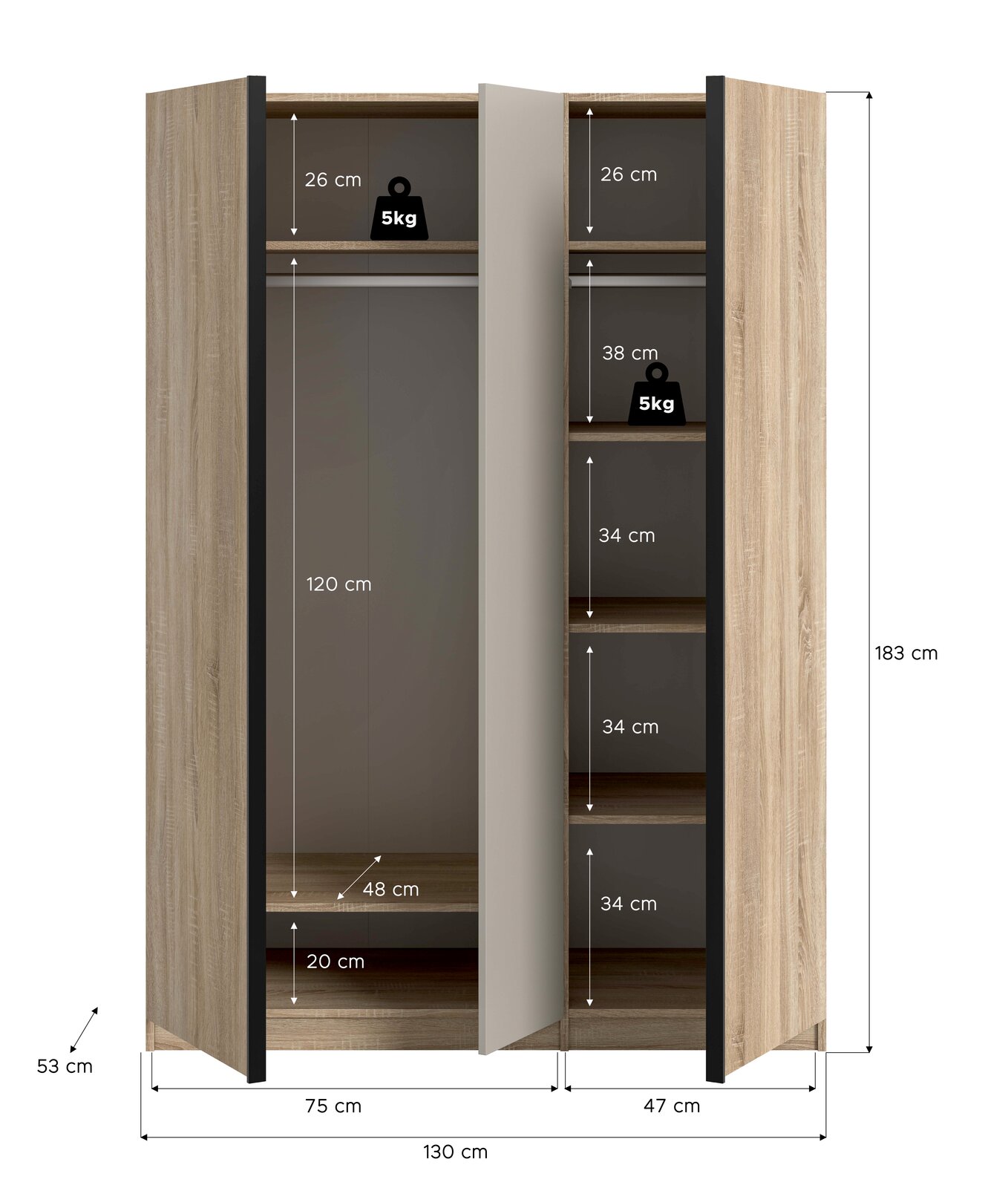 Offener zweitüriger Kleiderschrank in Holzoptik mit Mitteltrennwand, links Kleiderstange und Ablage, rechts mehrere Regalböden; Maßgrafik mit Höhe 183 cm, Breite 130 cm und Tiefe 53 cm, Frontansicht.