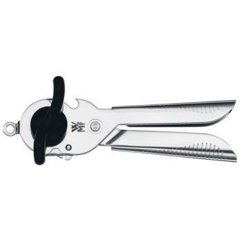 Silberner Dosenöffner TIN UP in seitlicher Ansicht mit schwarzem Griff.