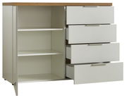 Kommode mit vier offenen Schubladen und zwei offenen Regalfächern, seitliche Perspektive