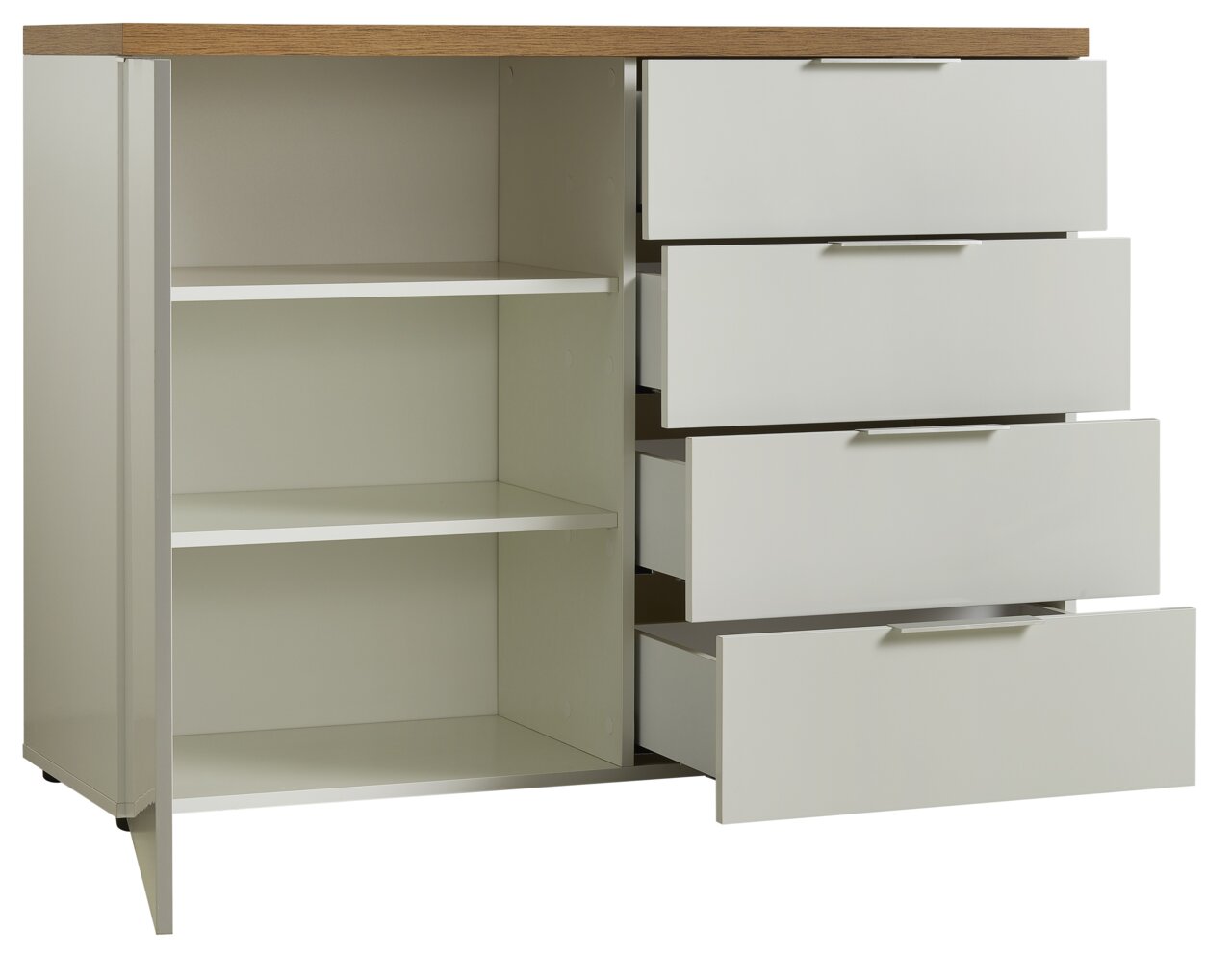 Commode met vier open lades en twee open vakken, zijaanzicht