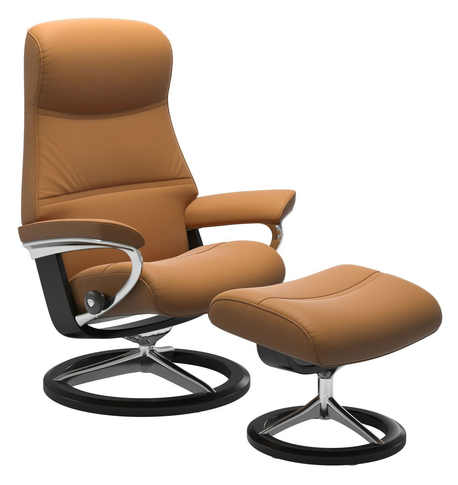 Bequemer Stressless Einzelsesselset PHILIP in braunem Leder mit passendem Hocker, seitliche Perspektive