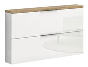 Moderner Hängeschuhschrank in Weiß mit Holzoberfläche, seitliche Perspektive