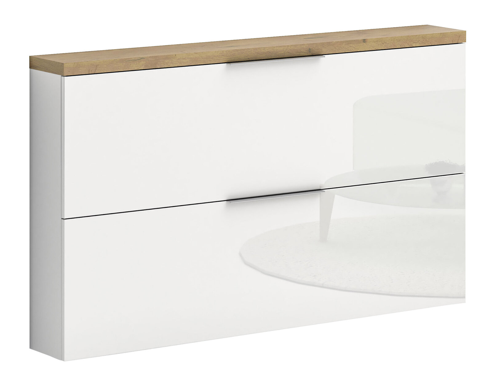 XORA Hängeschuhschrank IDEA Moderner Hängeschuhschrank in Weiß mit Holzoberfläche, seitliche Perspektive