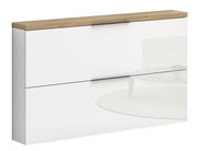 Moderner Hängeschuhschrank in Weiß mit Holzoberfläche, seitliche Perspektive