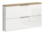 Moderner Hängeschuhschrank in Weiß mit Holzoberfläche, seitliche Perspektive