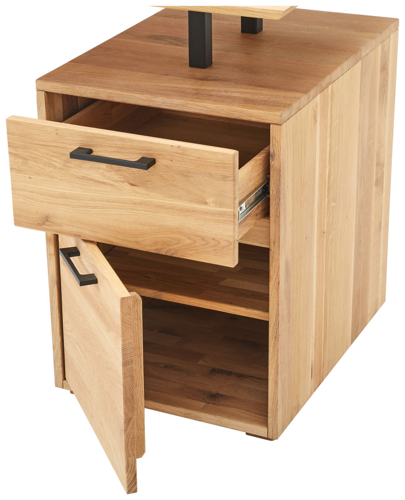 Holzschreibtisch mit offener Schublade und Tür, seitliche Perspektive