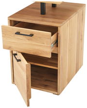 Holzschreibtisch mit offener Schublade und Tür, seitliche Perspektive