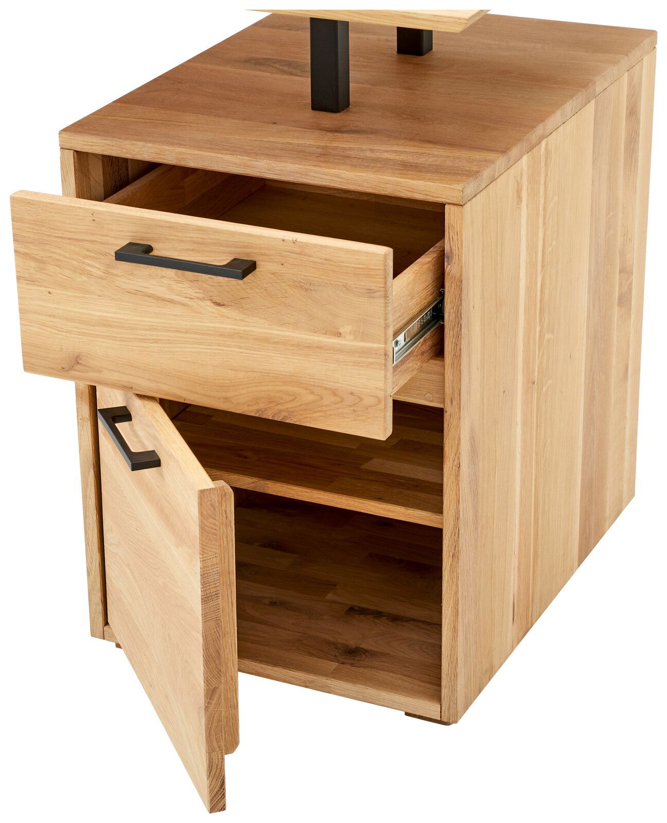 Holzschreibtisch mit offener Schublade und Tür, seitliche Perspektive