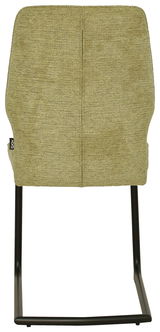 Rückansicht eines Freischwingers mit olivgrünem Stoffbezug und schwarzem Metallgestell.