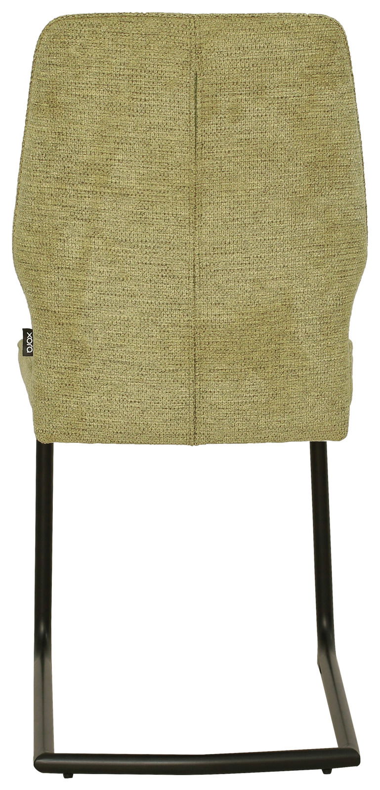 Rückansicht eines Freischwingers mit olivgrünem Stoffbezug und schwarzem Metallgestell.