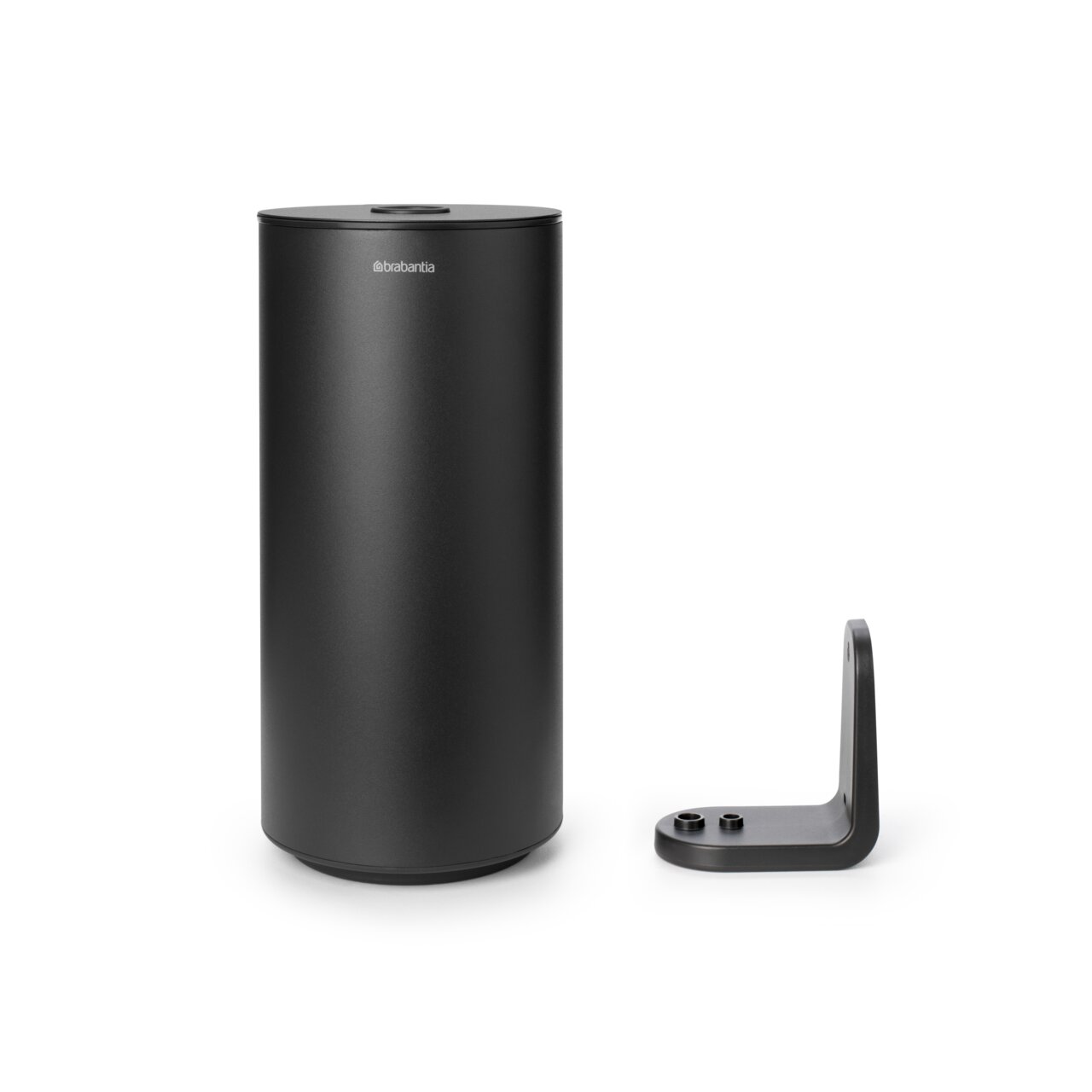 Schwarzer Toilettenrollenspender aus Metall, frontal abgebildet mit Wandhalterung.