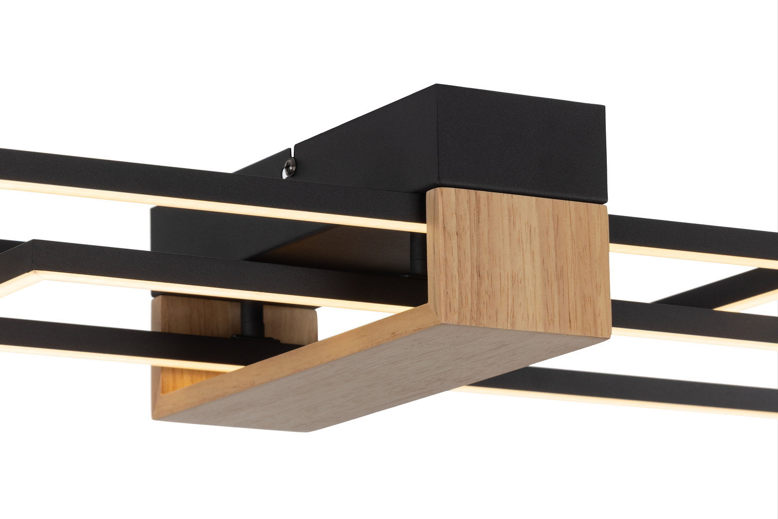 Moderne LED-Deckenleuchte mit Holz- und Metallelementen, seitliche Perspektive