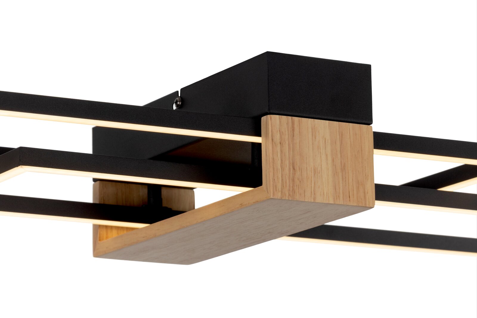 Moderne LED-Deckenleuchte mit Holz- und Metallelementen, seitliche Perspektive