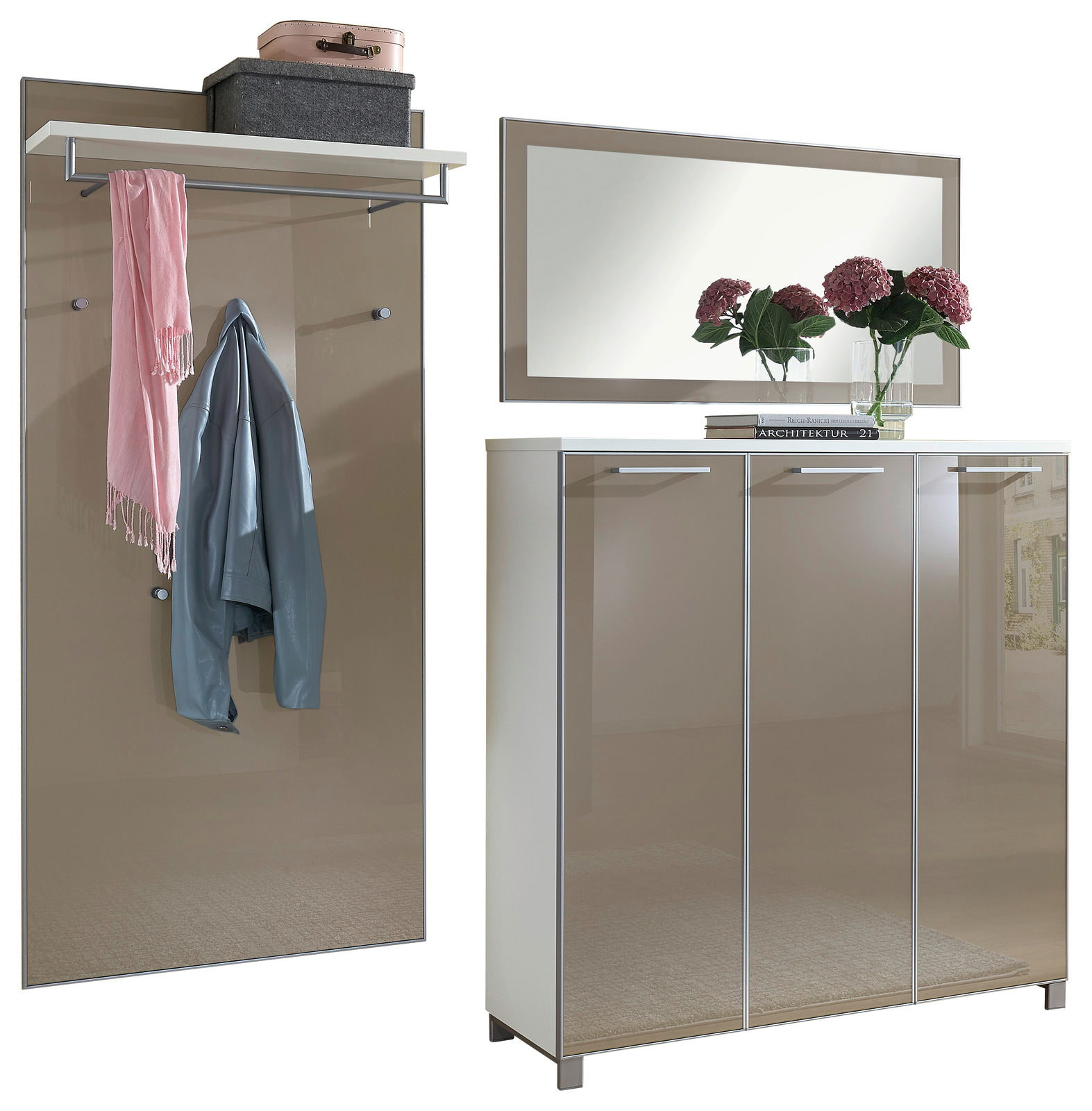 VOSS Garderoben-Set 3-tlg. SANTINA Garderoben-Set 3-tlg. in moderner Perspektive, bestehend aus einem Spiegel, einem Schrank mit drei Türen und einer Wandgarderobe mit Haken und Ablage.