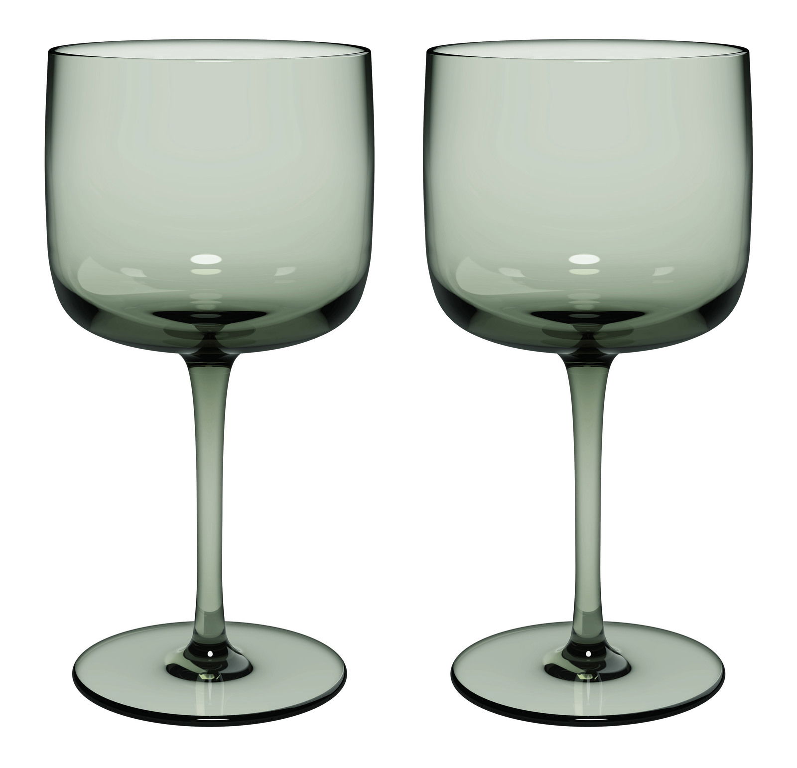 Zwei elegante Weinkelche aus grünlichem Glas, frontal abgebildet.