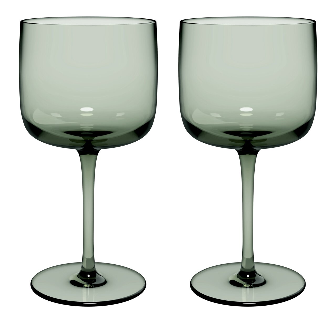 Zwei elegante Weinkelche aus grünlichem Glas, frontal abgebildet.