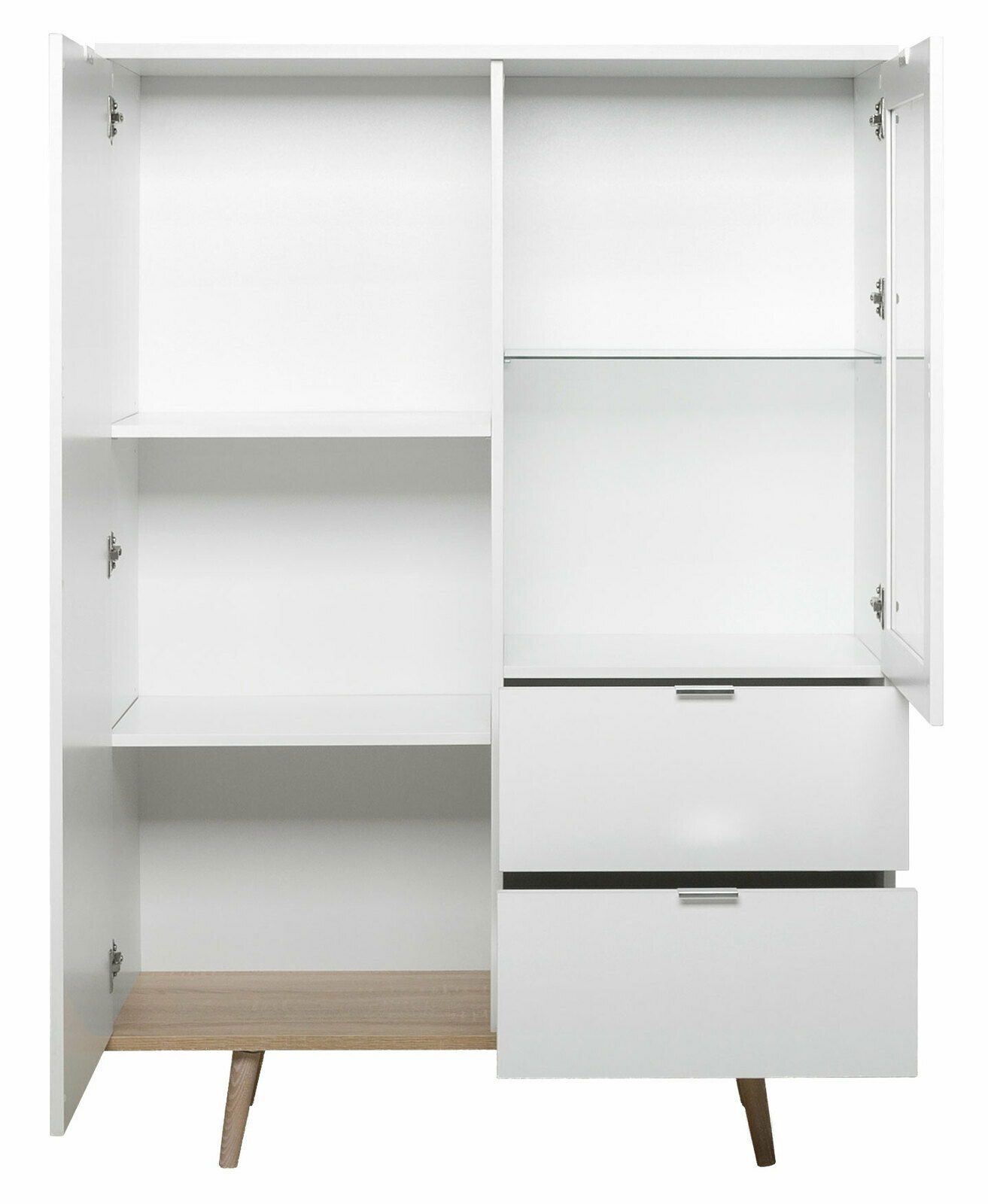 Weißes Highboard mit offenen Türen und Schubladen, Frontansicht