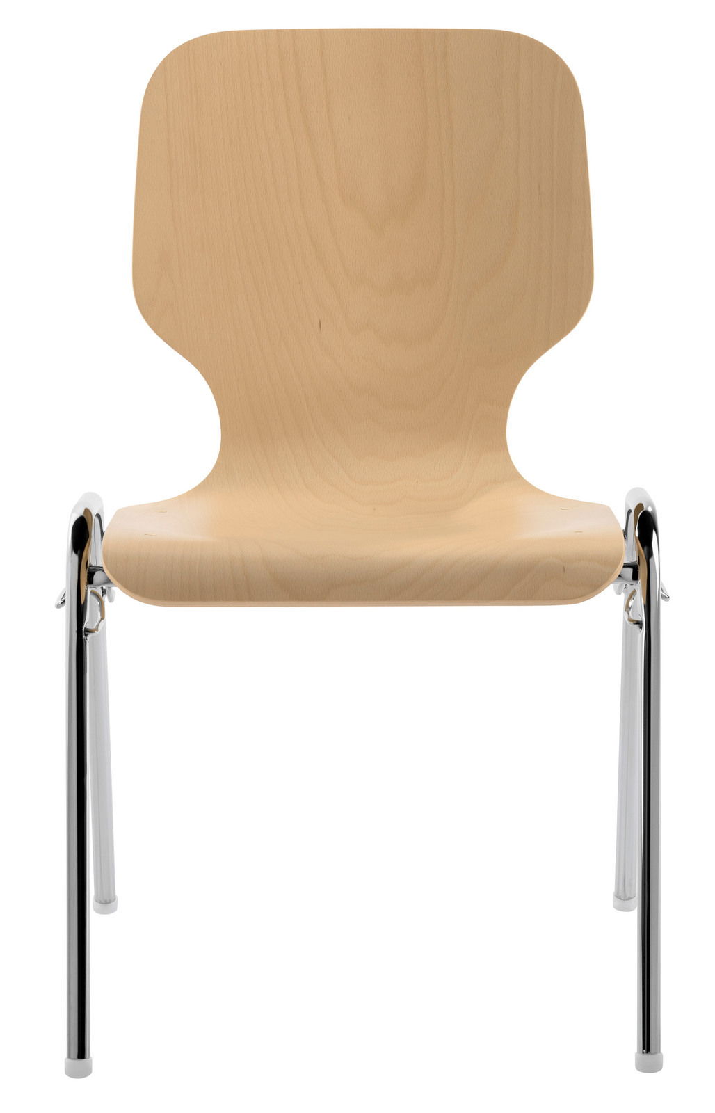 Stapelstuhl aus Holz mit Metallbeinen, Frontalansicht