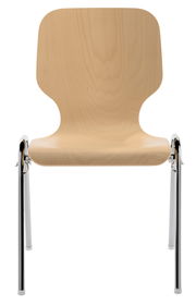 Stapelstuhl aus Holz mit Metallbeinen, Frontalansicht