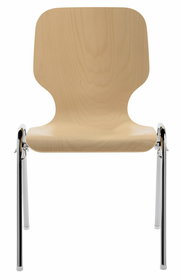 Stapelstuhl aus Holz mit Metallbeinen, Frontalansicht