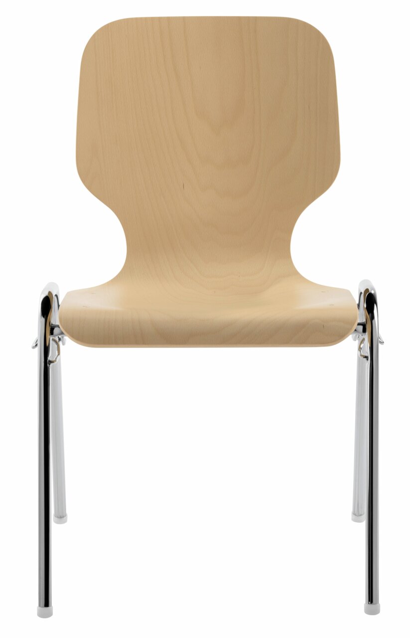 Stapelstuhl aus Holz mit Metallbeinen, Frontalansicht