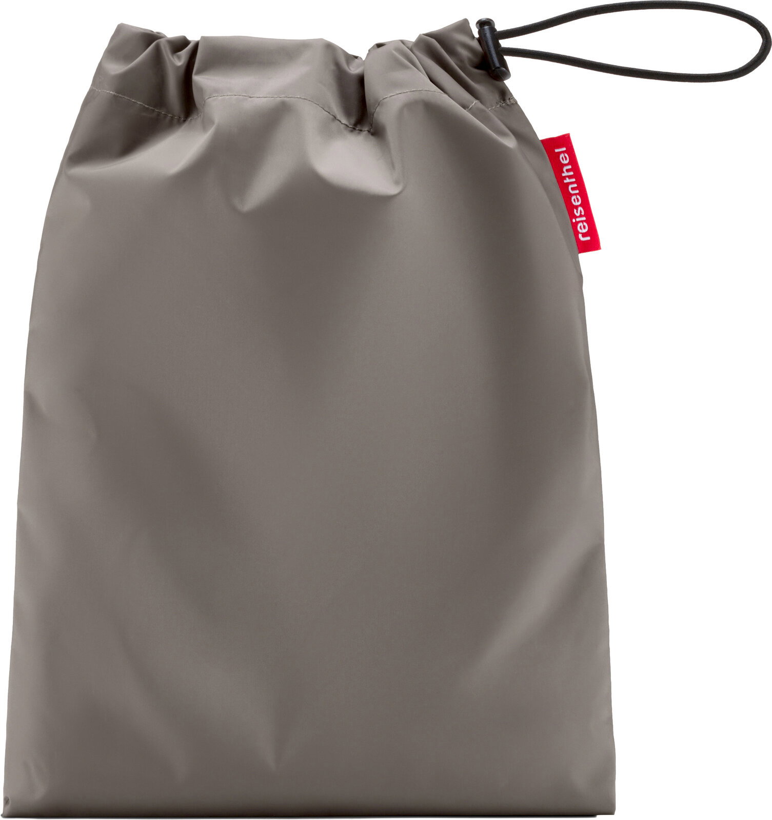 Grauer Kordelzugbeutel von reisenthel mit schwarzer Zugkordel und rotem Logo-Label, Frontansicht leicht von oben vor weißem Hintergrund