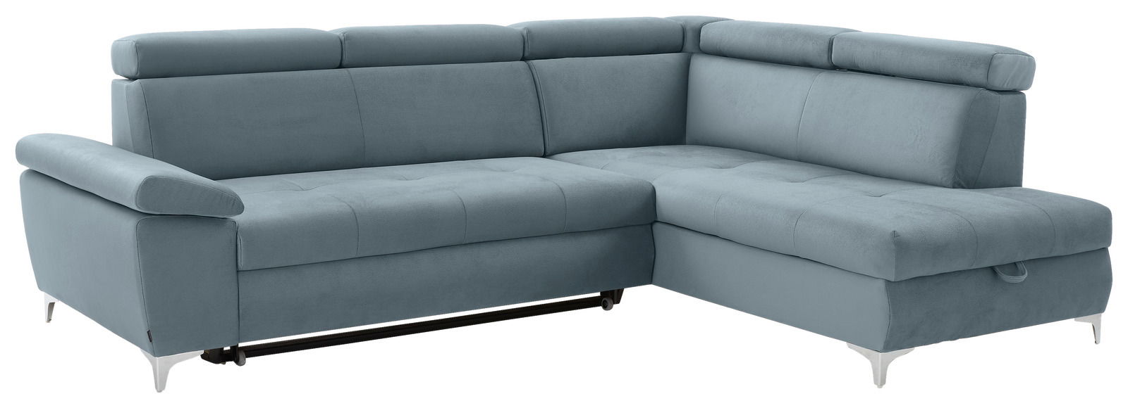 Graues Ecksofa mit verstellbaren Kopfstützen, Ansicht von vorne links.