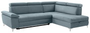 Graues Ecksofa mit verstellbaren Kopfstützen, Ansicht von vorne links.