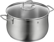 Edelstahlkochtopf mit Deckel, seitliche Perspektive