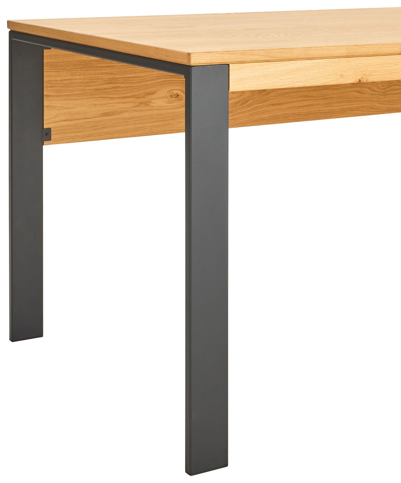 Moderner Schreibtisch mit Holzplatte und Metallbeinen, seitliche Perspektive