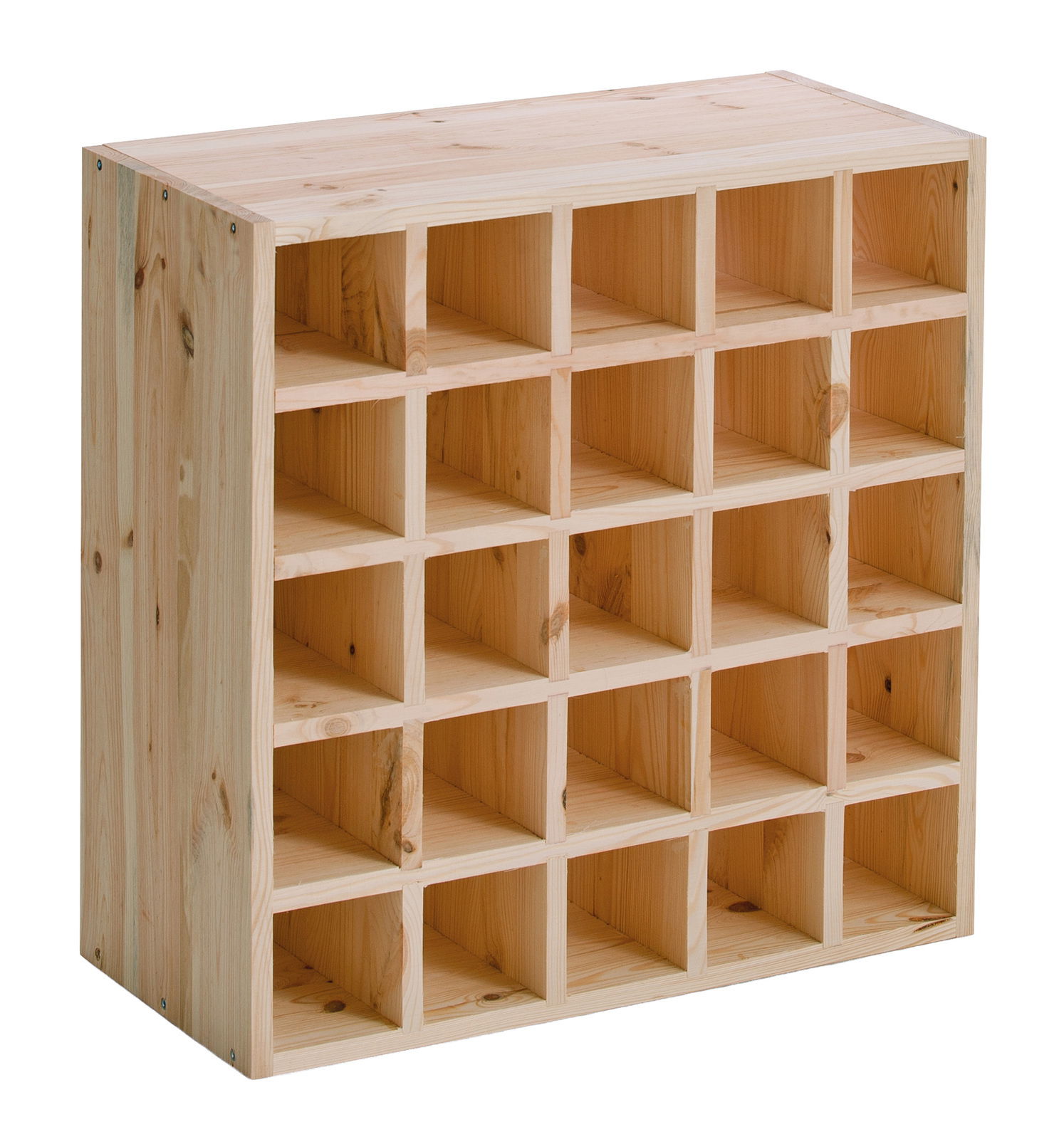 Weinregal aus Holz mit 20 Fächern, perspektivisch von vorne links fotografiert.