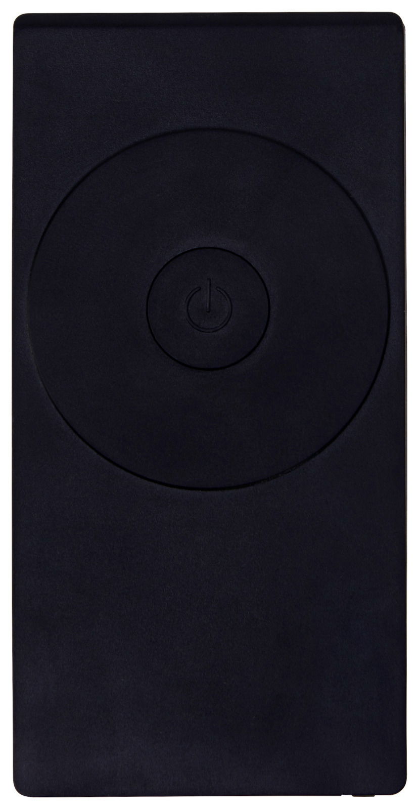 Schwarze Funkfernbedienung mit zentralem Ein-/Ausschaltknopf, Draufsicht