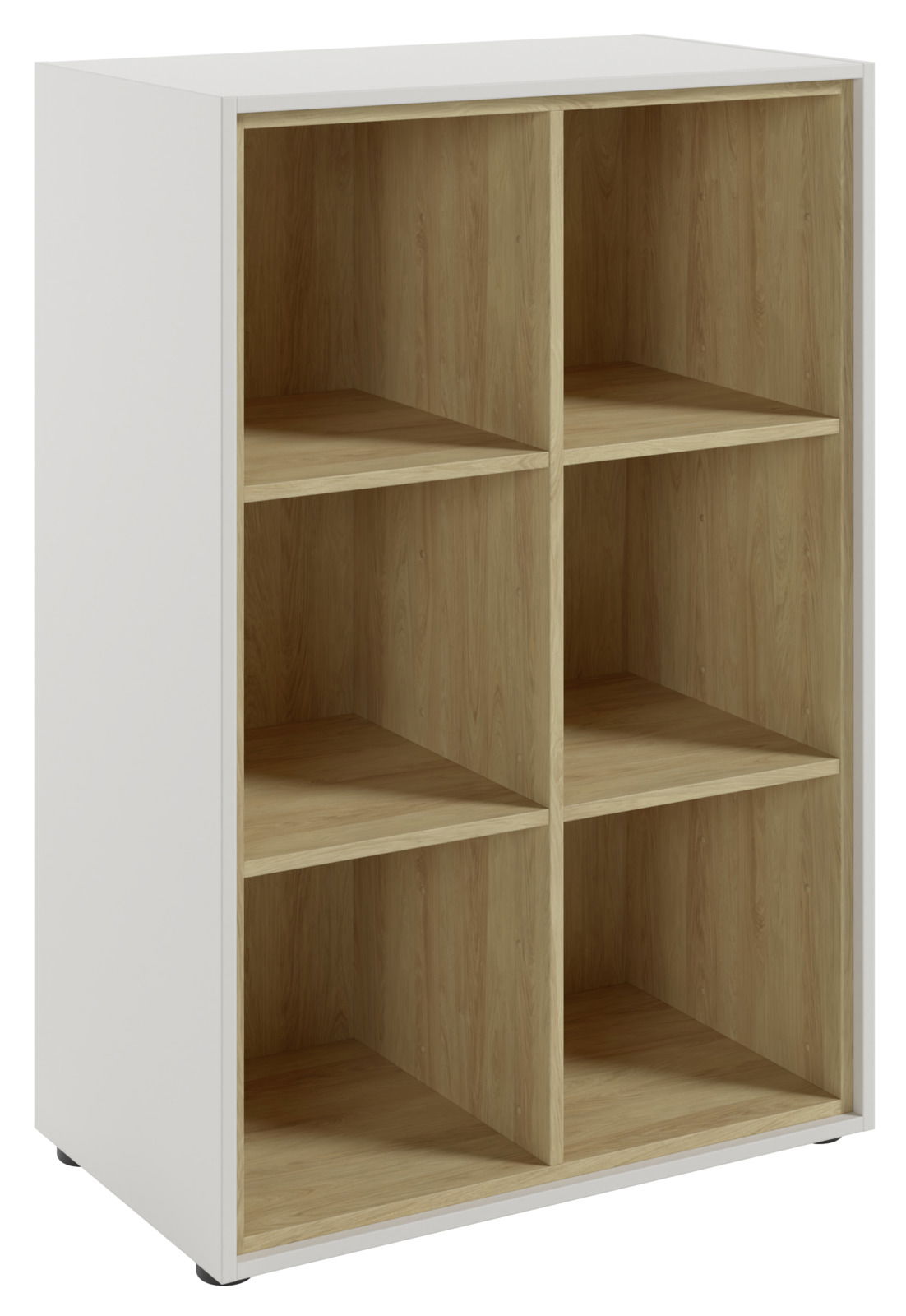 Weißes Aktenregal mit sechs offenen Fächern aus Holz, seitliche Perspektive