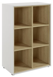 Weißes Aktenregal mit sechs offenen Fächern aus Holz, seitliche Perspektive