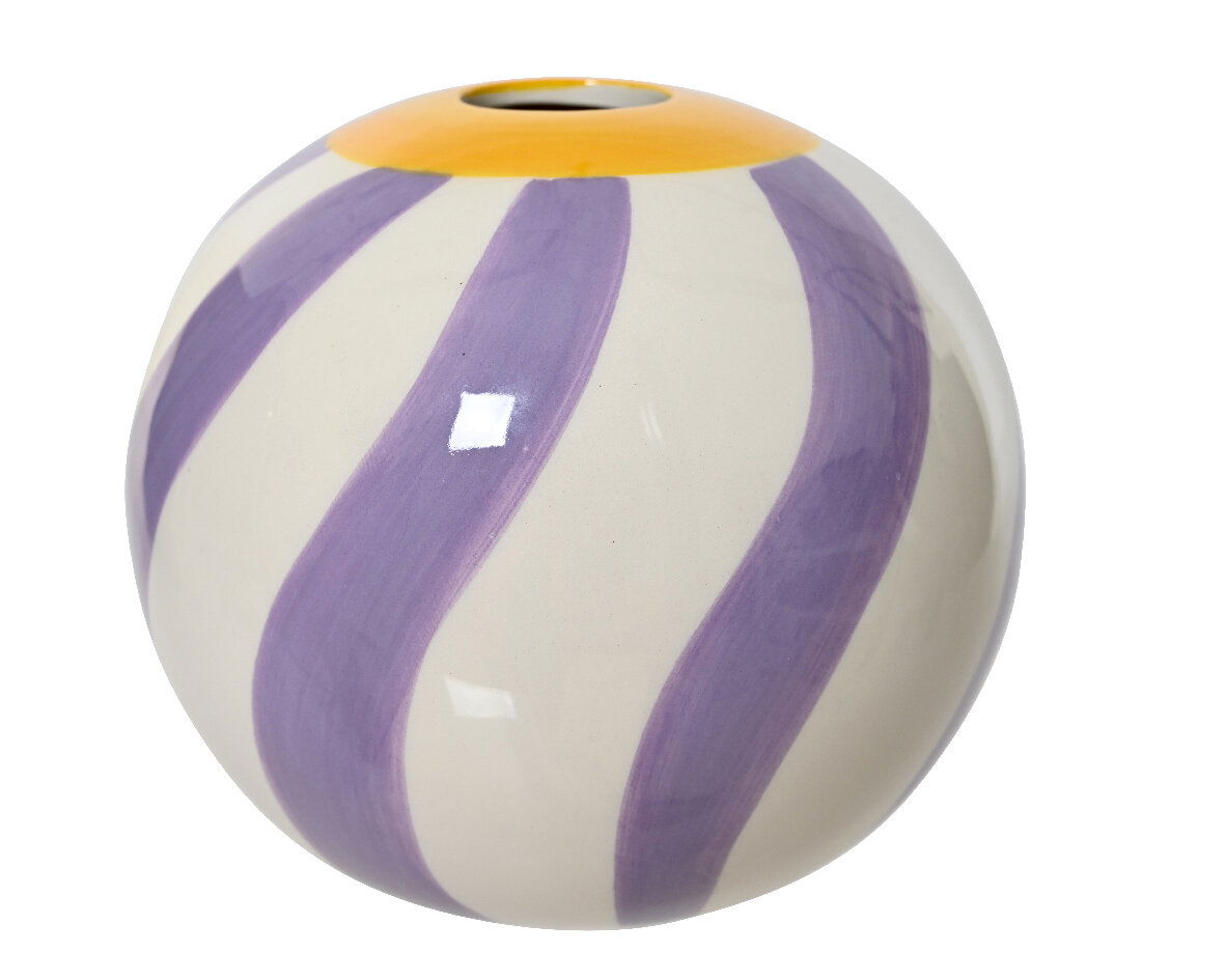 Decoris Vase Keramikvase mit lila Streifen und gelbem Rand, seitliche Perspektive