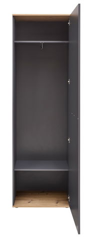 Offener Hochschrank mit dunkler Innenausstattung und Holzboden, Frontalansicht