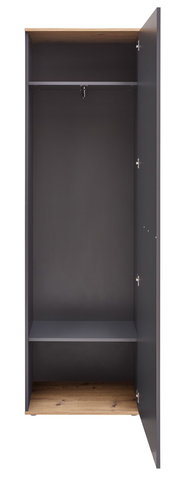 Offener Hochschrank mit dunkler Innenausstattung und Holzboden, Frontalansicht