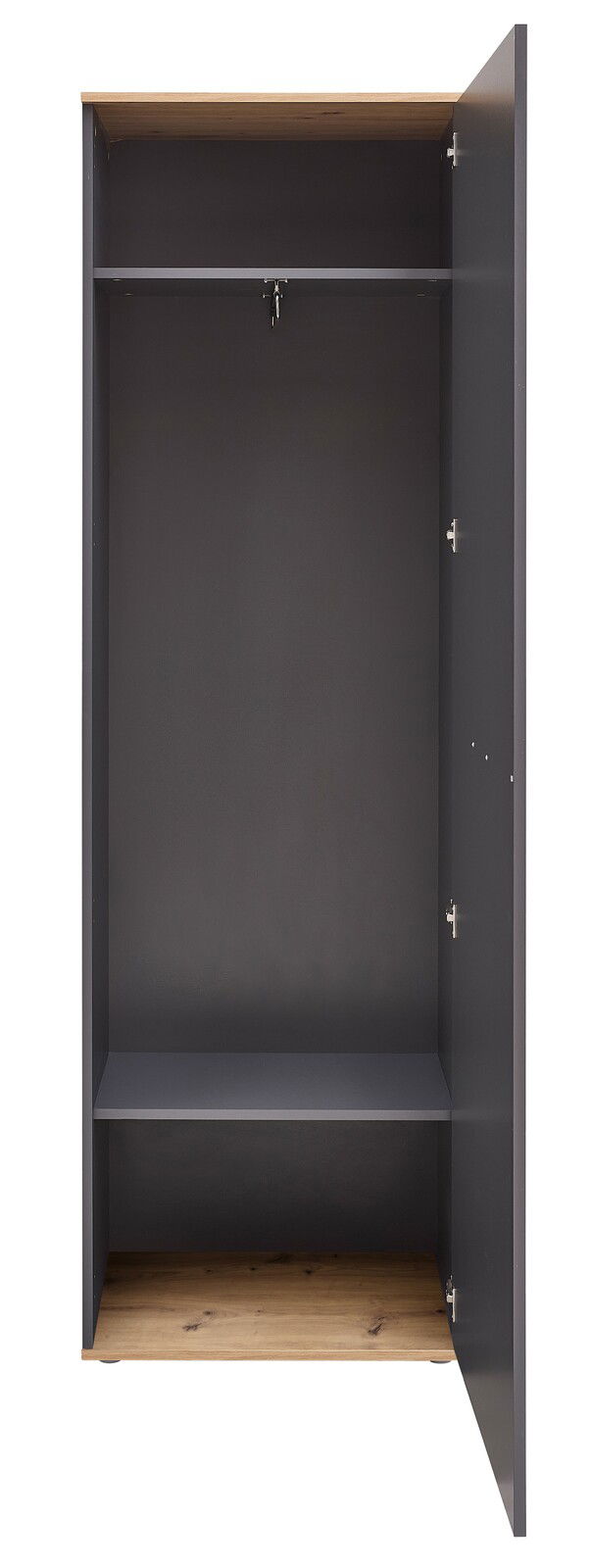 Offener Hochschrank mit dunkler Innenausstattung und Holzboden, Frontalansicht