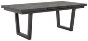 Moderne tuintafel van hout en metaal, gezien vanaf de zijkant