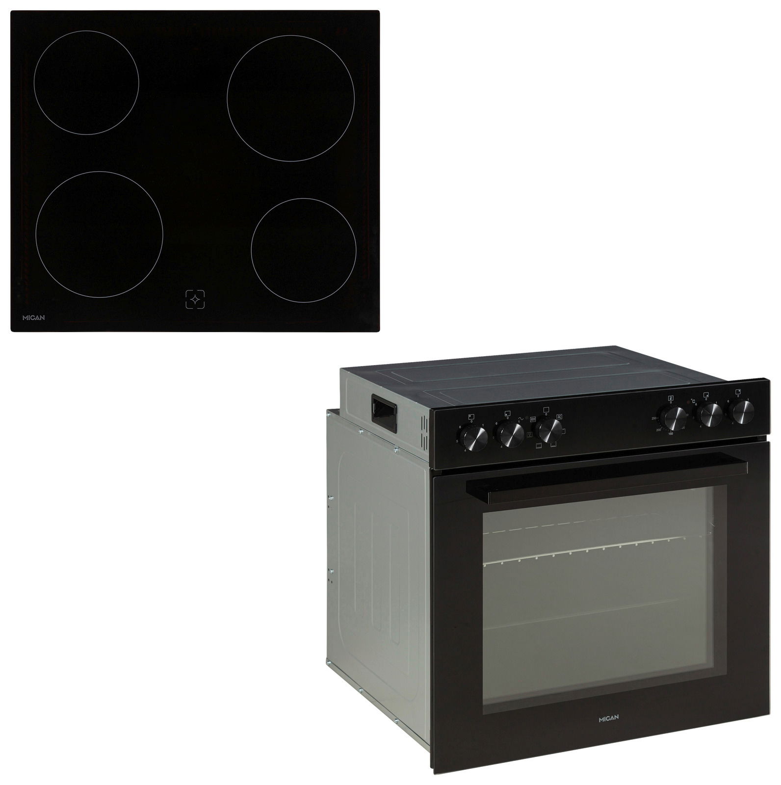 Mican Einbauherd-Set HSU73S Einbauherd-Set bestehend aus einem modernen Backofen mit Glastür und einem schwarzen Kochfeld mit vier Kochzonen, seitliche Perspektive
