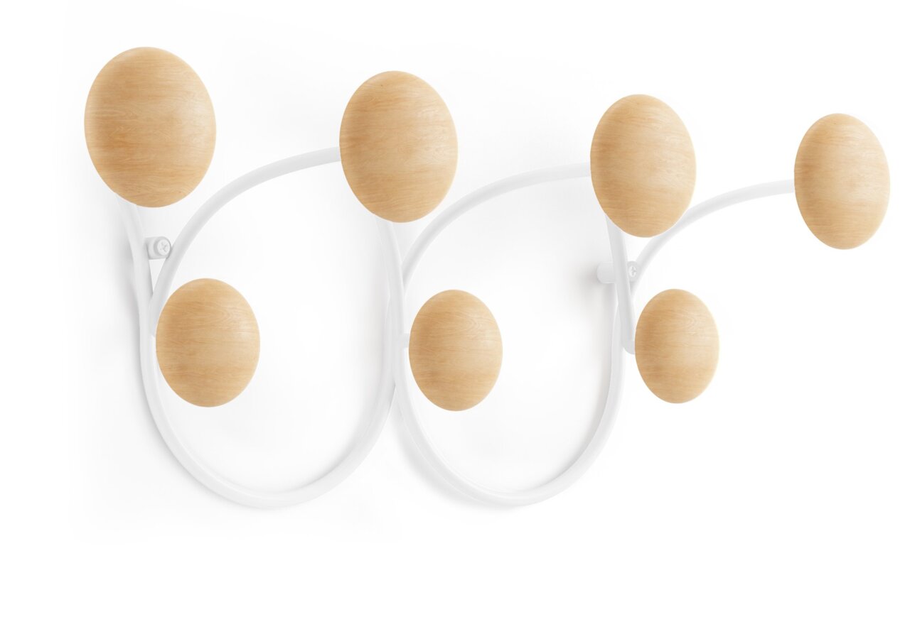 Umbra Wandgarderobe DOTSY Moderne Wandgarderobe mit runden Holzkugeln und weißem Metallrahmen, seitliche Perspektive