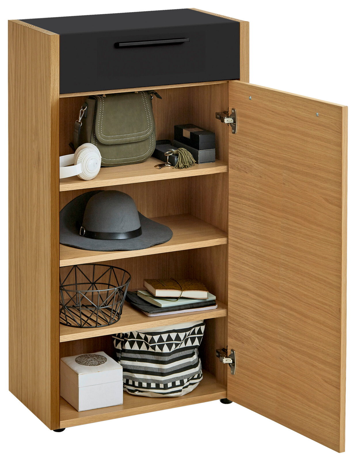 VOSS Kommode LEVIO Kommode der Serie VOSS LEVIO mit Anschlag rechts, aus Holz mit schwarzer Schublade, offene Tür zeigt Regale mit Accessoires, Perspektive von vorne.