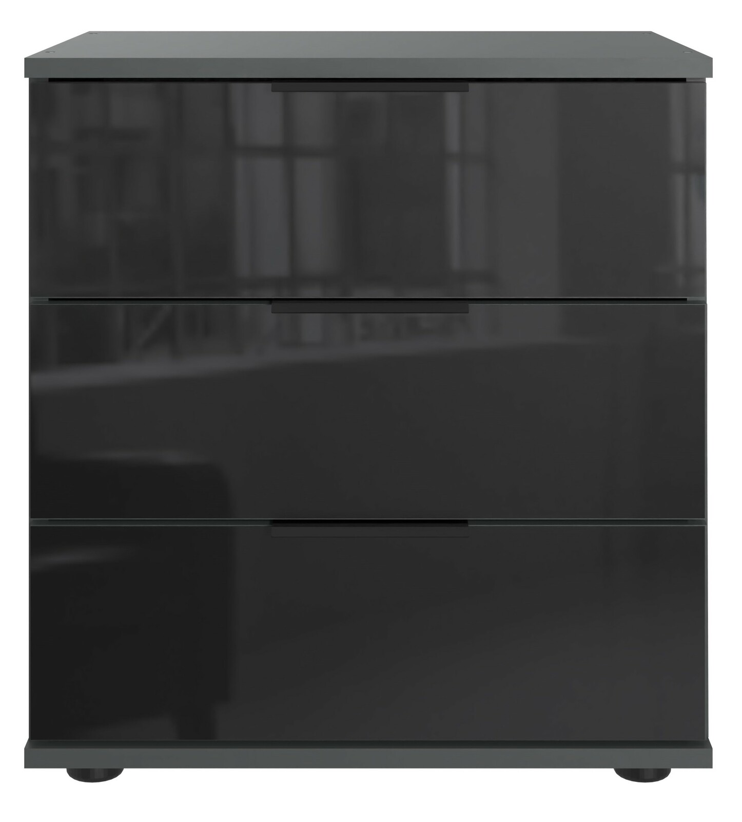 Moderne Nachtkommode mit drei Schubladen in Hochglanzoptik, Frontalansicht