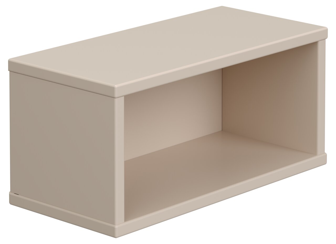 Rechthoekige wandkast in beige, gefotografeerd vanuit perspectief rechtsvoor.