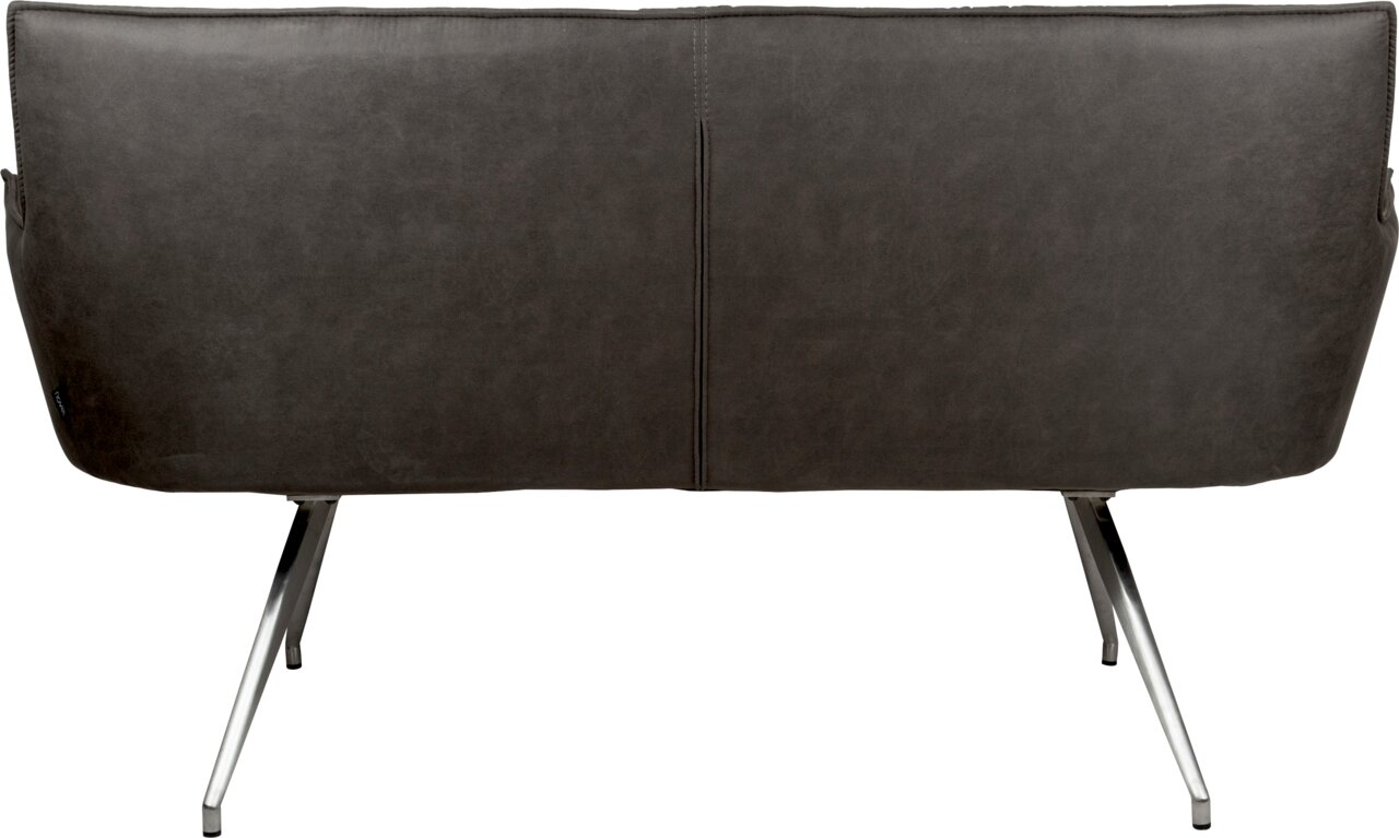 Rückansicht eines modernen 2-Sitzer-Sofas in Dunkelgrau mit glatter Polsterung, Mittelnaht und schrägen Metallbeinen vor weißem Hintergrund